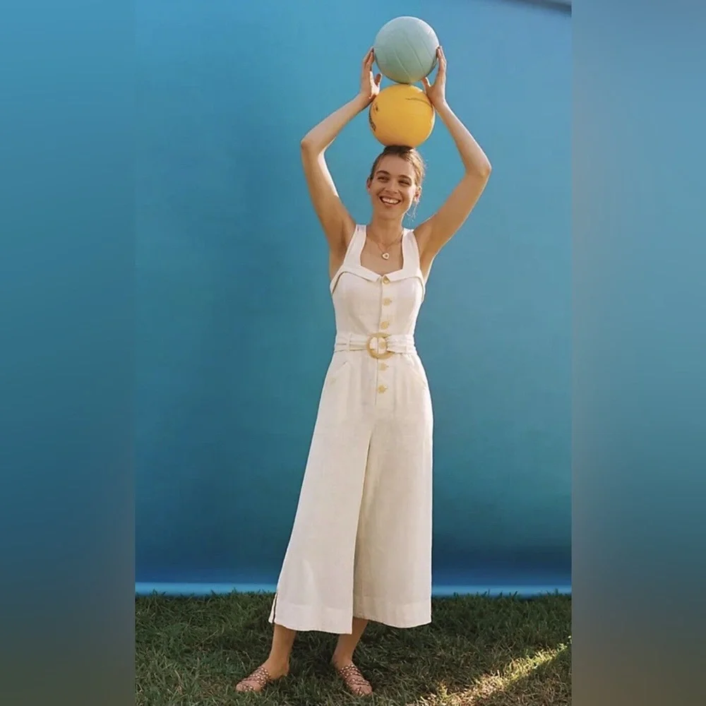 Anthropologie Cape Cod Linen Blend White Jumpsuit, Size US 2 - Picture 1 of 7